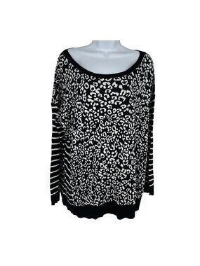 Chicos Black White Leopard Stripe Lightweight Sweater Top Size 3 US XL